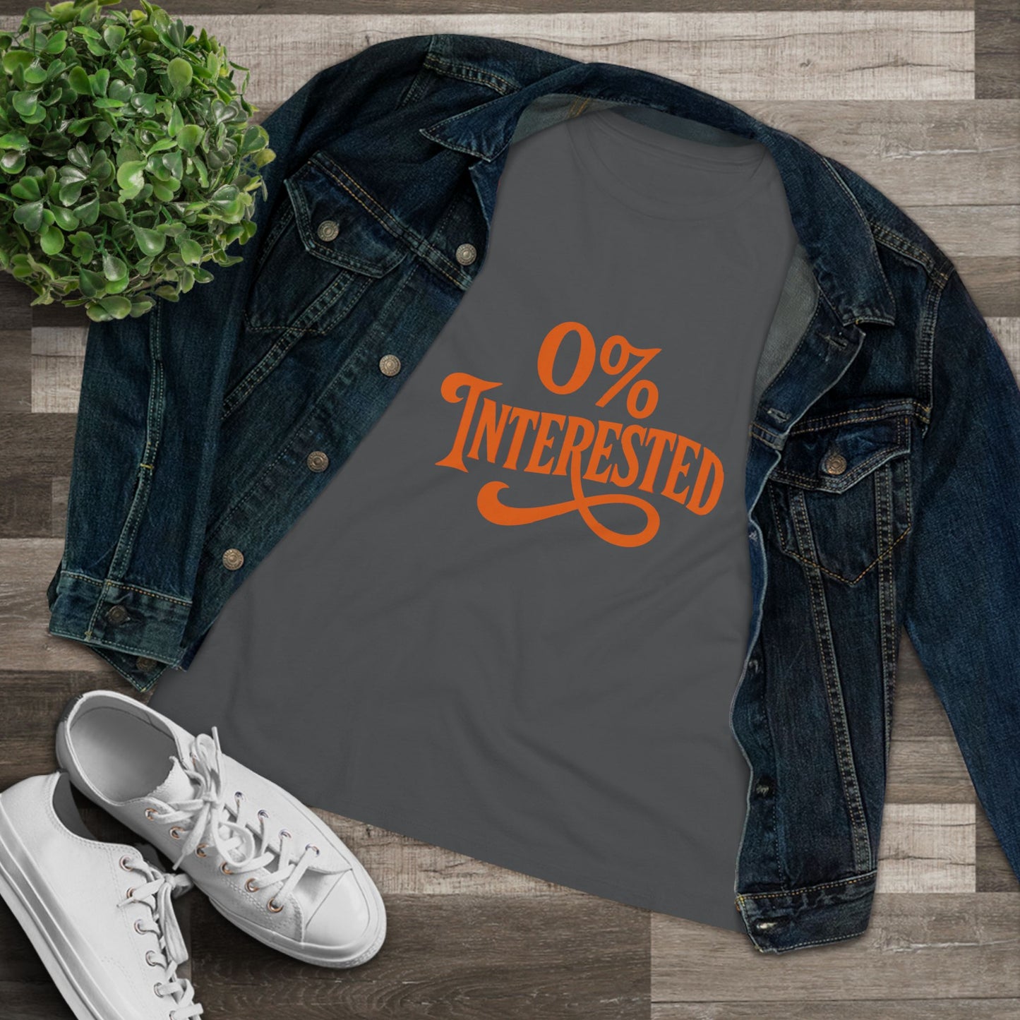 Women's Tee — "0% Interested" Retro Script Graphic Shirt