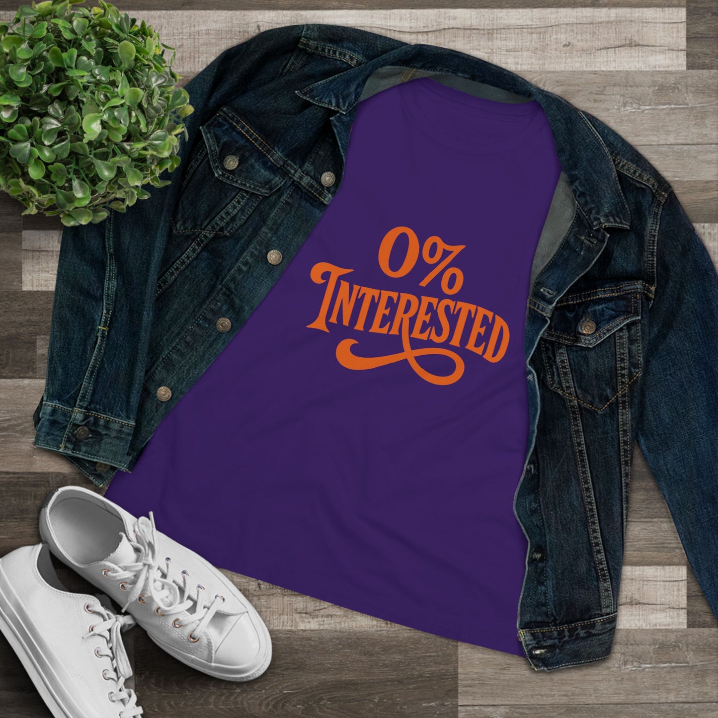 Women's Tee — "0% Interested" Retro Script Graphic Shirt