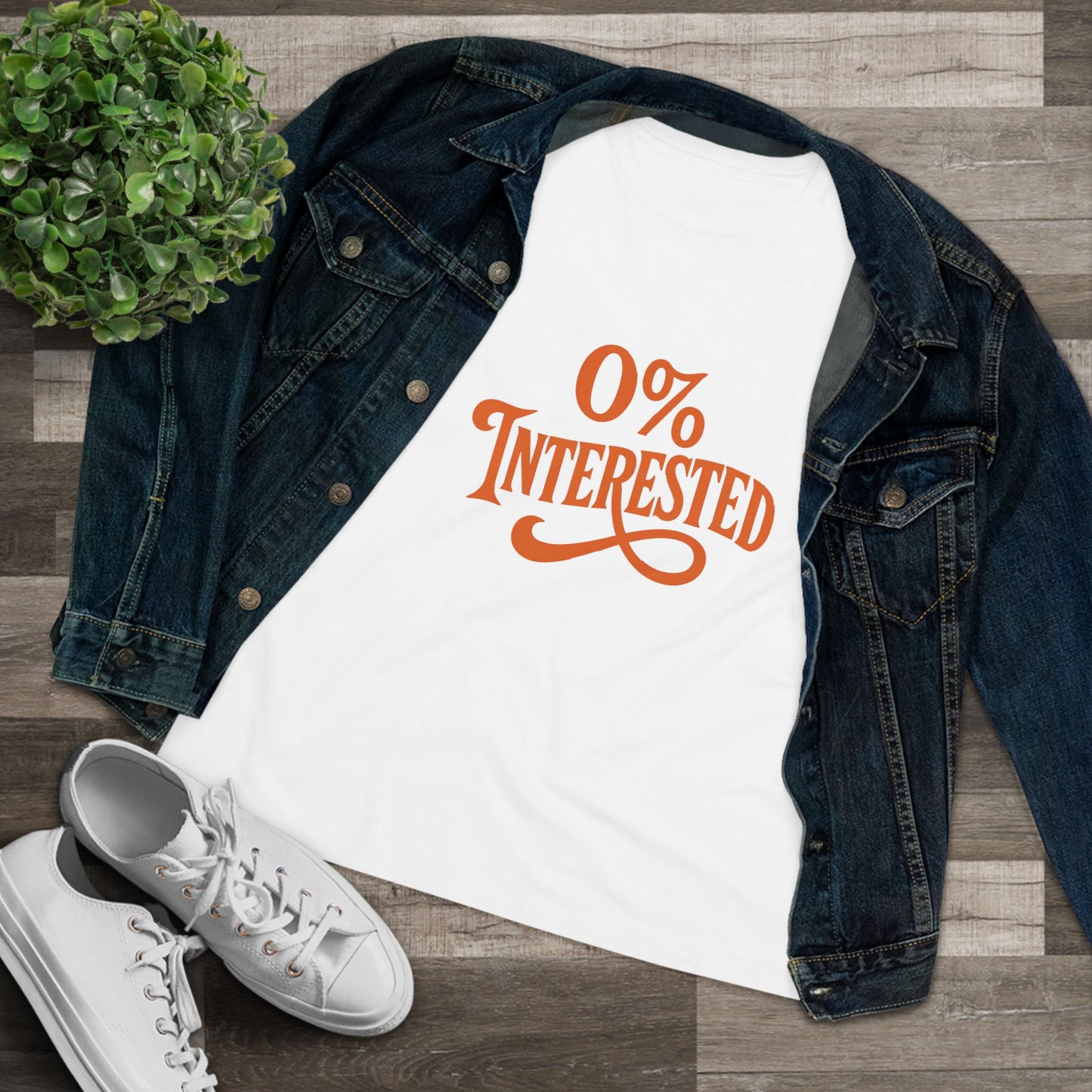 Women's Tee — "0% Interested" Retro Script Graphic Shirt