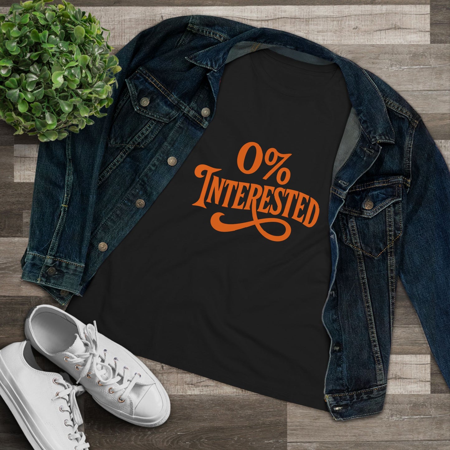 Women's Tee — "0% Interested" Retro Script Graphic Shirt