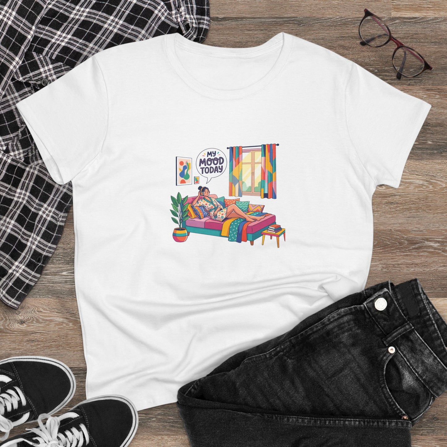 Women's Tee — "My Mood Today" Colorful Cozy Couch Illustration