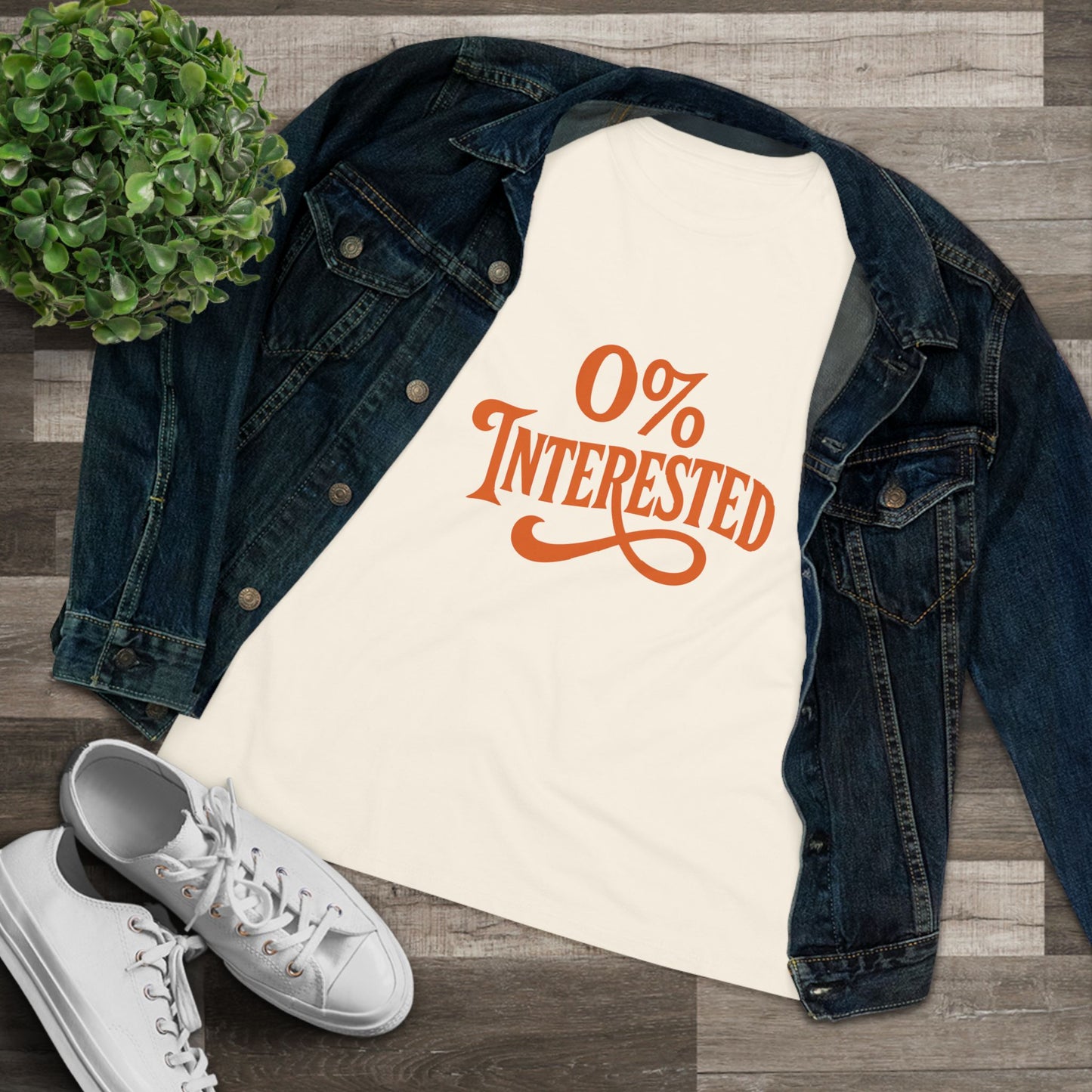 Women's Tee — "0% Interested" Retro Script Graphic Shirt