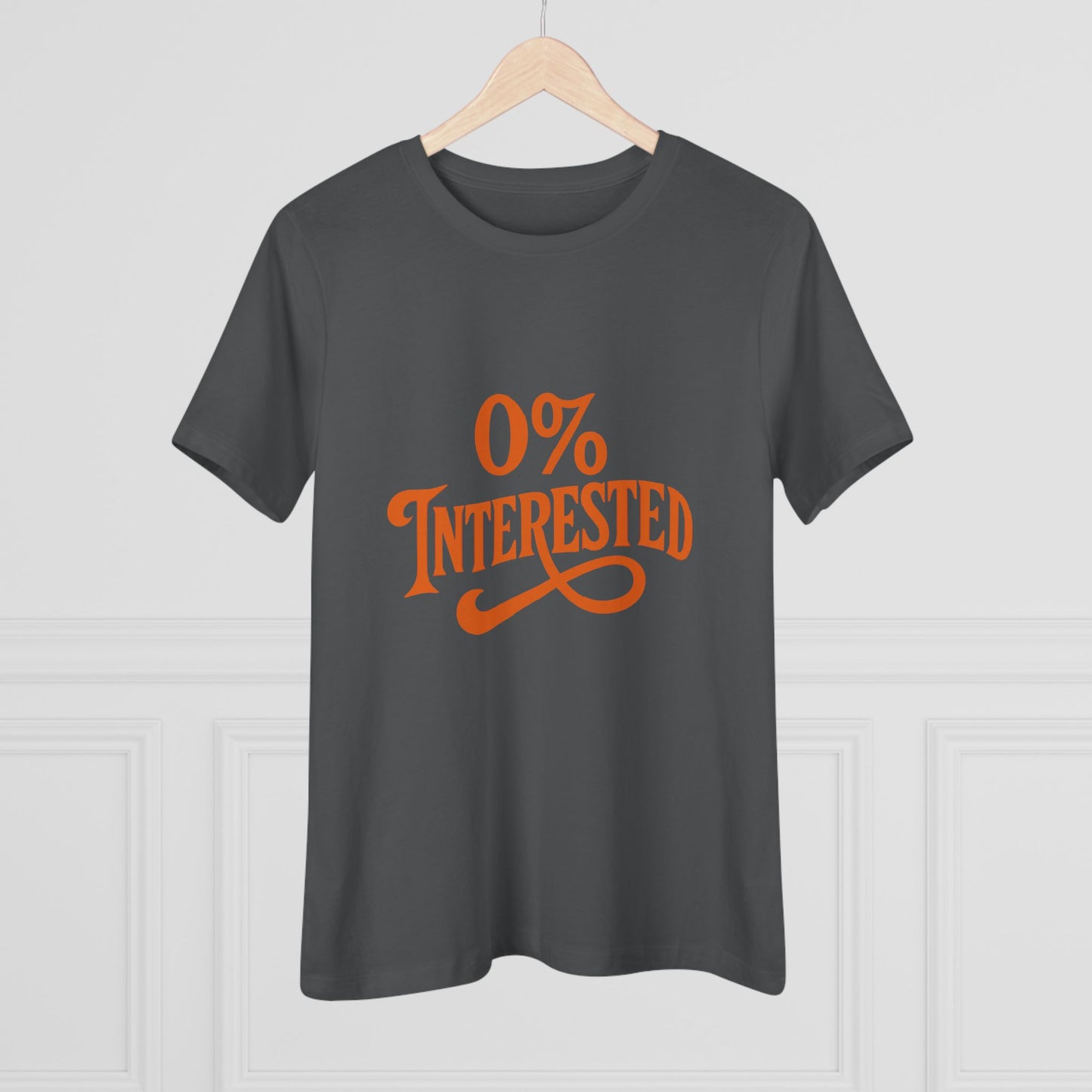 Women's Tee — "0% Interested" Retro Script Graphic Shirt
