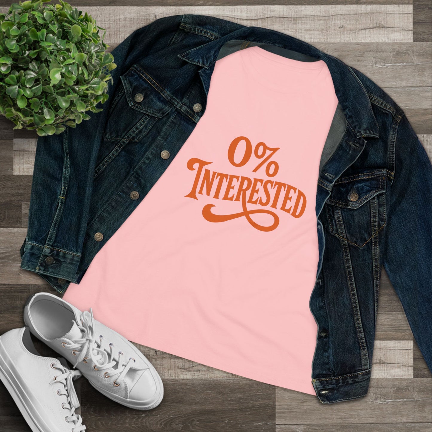 Women's Tee — "0% Interested" Retro Script Graphic Shirt